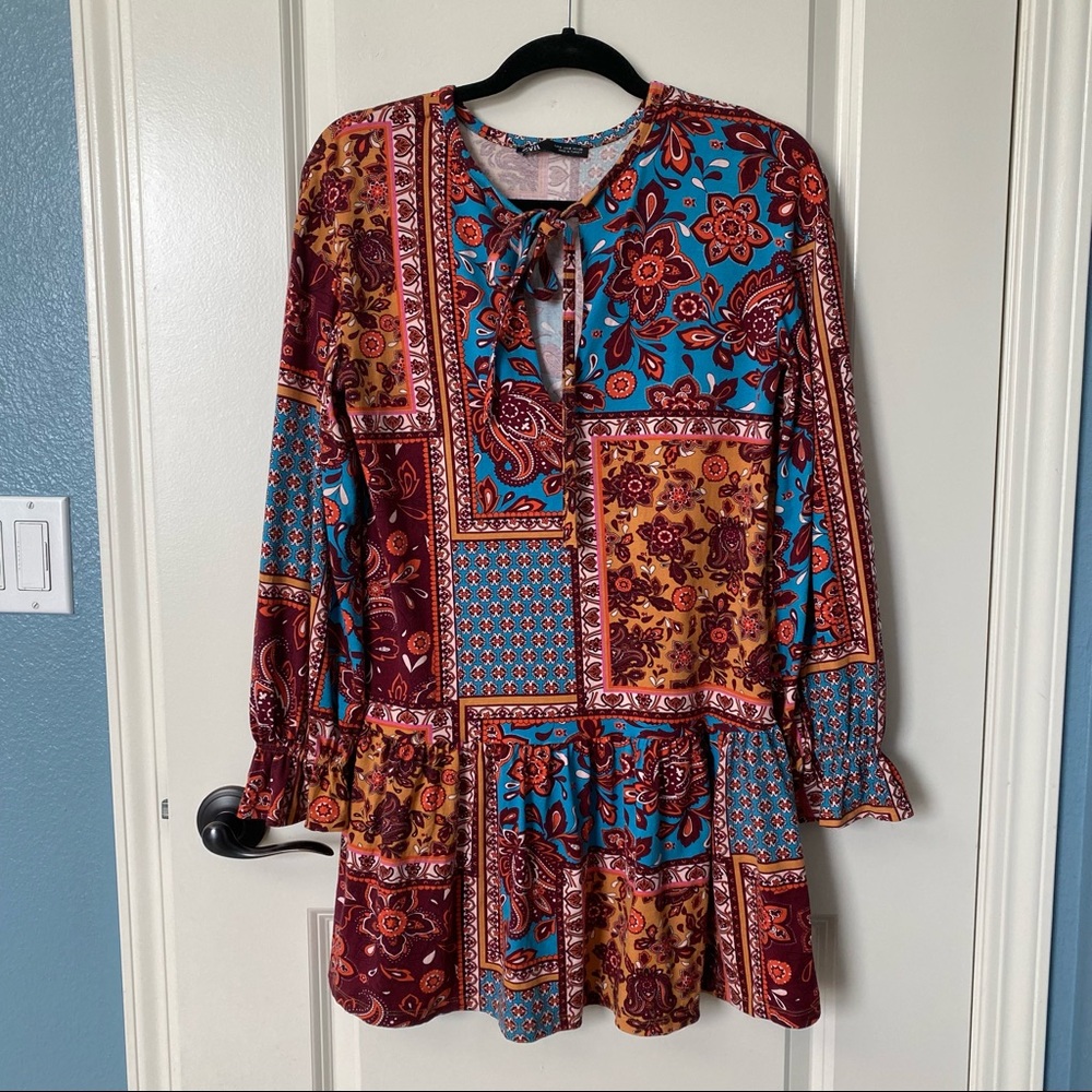 Zara Womens Boho Paisley Patchwork Print Drop Waist Long Sleeve Mini Dress Small